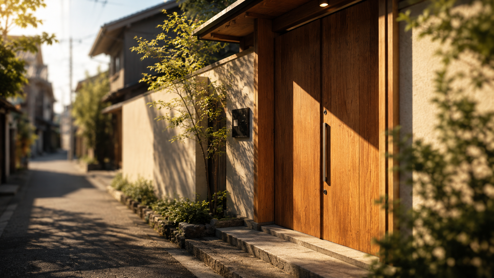 陽光下溫暖質樸的住宅入口